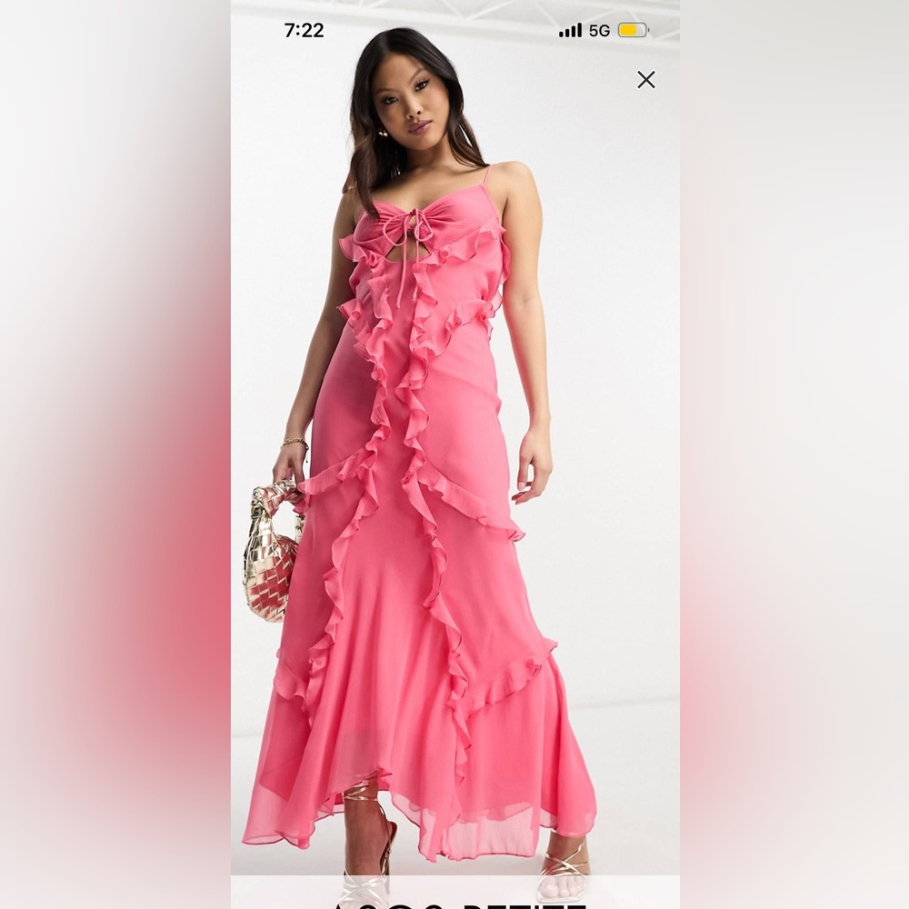 ASOS design petite halter ruffle maxi dress with cut out detail pink